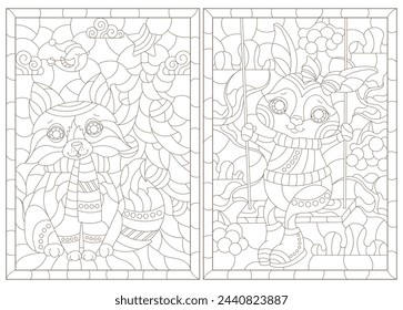 A set of contour illustrations in the style of stained glass with cute rabbit and fox on a swing, dark contours on a white background
