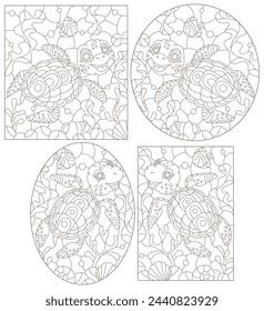 A set of contour illustrations in the style of stained glass with cute cartoon turtles, dark