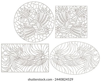 A set of contour illustrations in the style of stained glass with abstract roosters, dark contours on a white background