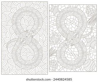 A set of contour illustrations in the style of stained glass with abstract snakes, dark contours on a white background