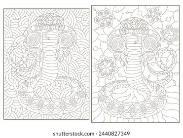A set of contour illustrations in the style of stained glass with bright abstract snakes and cobras, dark contours on a white background