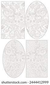 A set of contour illustrations in the style of stained glass with abstract snakes, dark contours on a white background