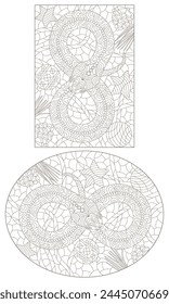 Un conjunto de ilustraciones de contorno en el estilo de vitrales con serpientes abstractas, contornos oscuros sobre un fondo blanco