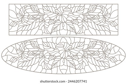 Set of contour illustrations in the style of stained glass with bouquets of Calla flowers, dark outlines on a white background