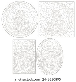 A set of contour illustrations in the style of stained glass with a girl, a cat and the moon, dark contours on a white background