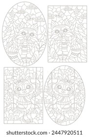 A set of contour illustrations in the style of stained glass with cute rabbit and fox on a swing, dark contours on a white background