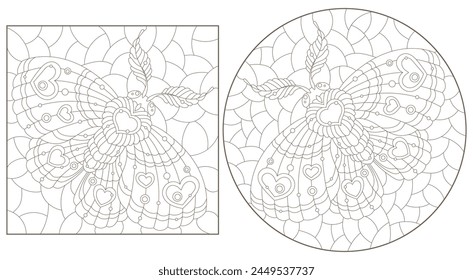 A set of contour illustrations in the style of stained glass with a cute moths, dark outlines on a white background