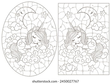 Eine Reihe von Konturabbildungen im Stil von Buntglas mit niedlichen Cartoon-Einhörnern und dem Mond, dunkle Umrisse auf weißem Hintergrund