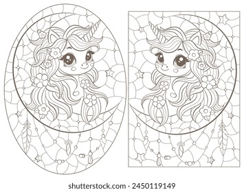 A set of contour illustrations in the style of stained glass with cute cartoon unicorns and the moon, dark outlines on a white background