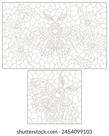 A set of contour illustrations in the style of stained glass with a cute moths, dark outlines on a white background