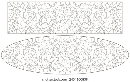 A set of contour illustrations in the style of stained glass with bouquets of carnations, dark outlines on a white background