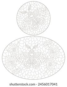A set of contour illustrations in the style of stained glass with a cute moths, dark outlines on a white background