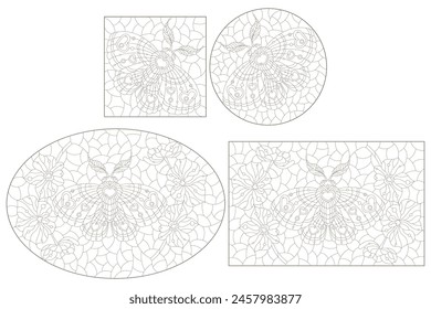 A set of contour illustrations in the style of stained glass with a cute moths, dark outlines on a white background