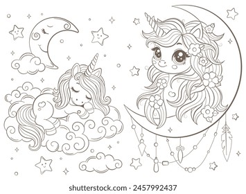 A set of contour illustrations in the style of stained glass with cute cartoon unicorns and the moon, dark outlines on a white background