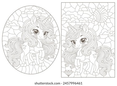 A set of contour illustrations in the style of stained glass with cute cartoon unicorns in the sky, dark outlines on a white background