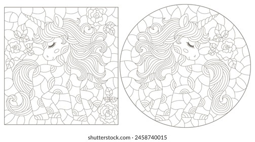 A set of contour illustrations in the style of stained glass with cute cartoon unicorns in the sky, dark outlines on a white background