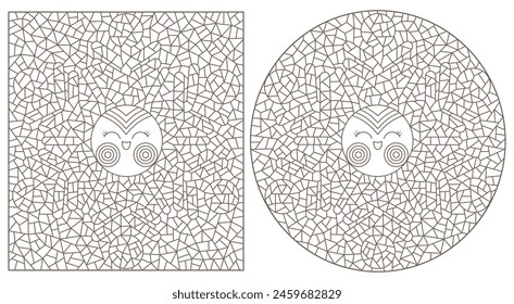 Un conjunto de ilustraciones de contorno en el estilo de vidrieras con copos de nieve lindos, contornos oscuros sobre un fondo blanco