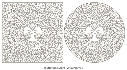 A set of contour illustrations in the style of stained glass windows with cute snowflakes, dark outlines on a white background