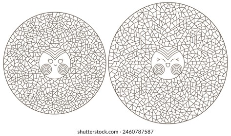Un conjunto de ilustraciones de contorno en el estilo de vidrieras con copos de nieve lindos, contornos oscuros sobre un fondo blanco
