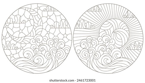 A set of contour illustrations in the style of stained glass with seascapes, dark contours on a white background