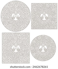 A set of contour illustrations in the style of stained glass windows with cute snowflakes, dark outlines on a white background