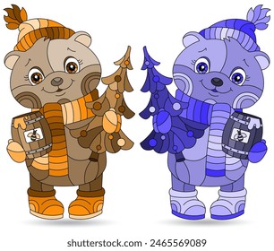 A set of contour illustrations in the style of a stained glass window with a bears , dark contours on a white background, tone blue and brown