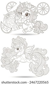 Un conjunto de ilustraciones de contorno en el estilo de vitrales con lindos unicornios de dibujos animados en el cielo, contornos oscuros sobre un fondo blanco