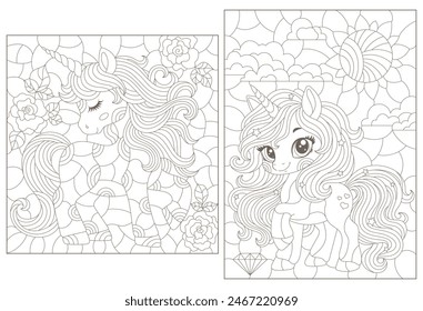 Un conjunto de ilustraciones de contorno en el estilo de vitrales con lindos unicornios de dibujos animados en el cielo, contornos oscuros sobre un fondo blanco