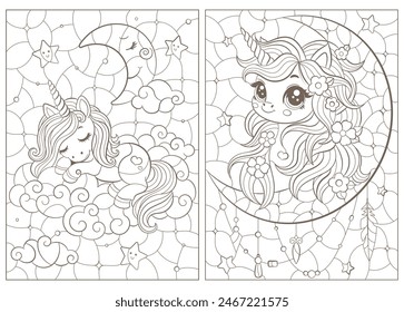 Un conjunto de ilustraciones de contorno en el estilo de vitrales con lindos unicornios de dibujos animados y la luna, contornos oscuros sobre un fondo blanco