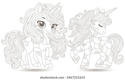 Un conjunto de ilustraciones de contorno en el estilo de vitrales con lindos unicornios de dibujos animados en el cielo, contornos oscuros sobre un fondo blanco