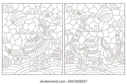 Un conjunto de ilustraciones de contorno en el estilo de vitrales con lindos dinosaurios, contornos oscuros sobre un fondo blanco