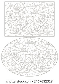 A set of contour illustrations in the style of stained glass with cartoon gnomes, dark outlines on a white background