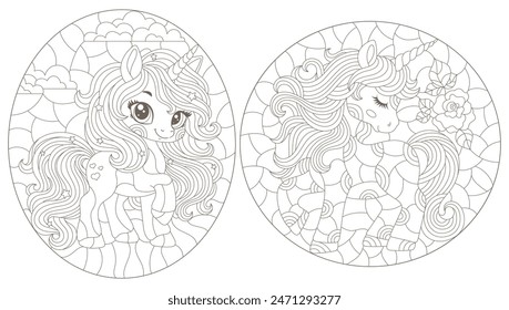 Un conjunto de ilustraciones de contorno en el estilo de vitrales con lindos unicornios de dibujos animados en el cielo, contornos oscuros sobre un fondo blanco