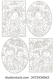 A set of contour illustrations in the style of stained glass with a boy and a girl under an umbrella, dark contours on a white background