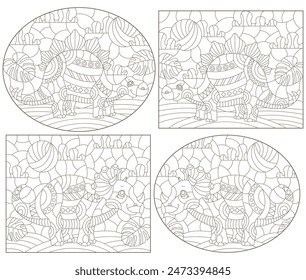 Un conjunto de ilustraciones de contorno en el estilo de vitrales con lindos dinosaurios, contornos oscuros sobre un fondo blanco