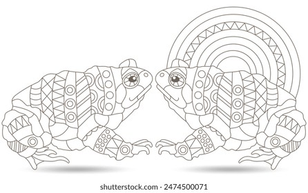 A set of contour illustrations in the style of stained glass with toads , dark contours on a white background