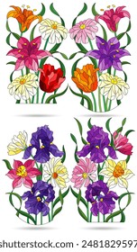 Un conjunto de ilustraciones de contorno en el estilo de vitrales con ramos de flores, flores aisladas sobre un fondo blanco