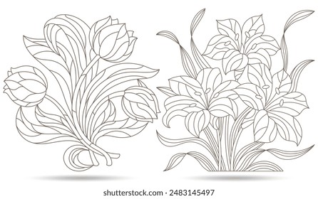 A set of contour illustrations in the style of stained glass with bouquets of tulips and lilies, dark contours on a white background