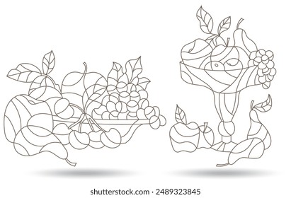 Un conjunto de ilustraciones de contorno en el estilo de vitrales con bodegones, jarrones con frutas y bayas aisladas sobre un fondo blanco