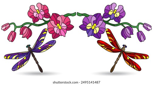 Un conjunto de ilustraciones de contorno en el estilo de vitrales con libélulas y flores de orquídeas, animales aislados sobre un fondo blanco