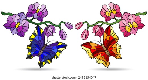 Un conjunto de ilustraciones de contorno en el estilo de vitrales con mariposas y flores de orquídeas, animales aislados sobre un fondo blanco