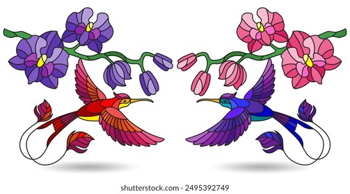 Un conjunto de ilustraciones de contorno en el estilo de vitrales con colibríes y flores de orquídeas, animales aislados sobre un fondo blanco