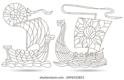 A set of contour illustrations in the style of stained glass with ancient Viking ships, dark contours on a white background