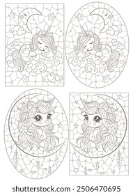 A set of contour illustrations in the style of stained glass with cute cartoon unicorns and the moon, dark outlines on a white background