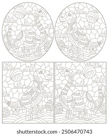 A set of contour illustrations in the style of stained glass with cute dinosaurs, dark contours on a white background