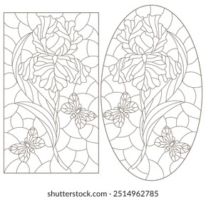 A set of contour illustrations in the style of stained glass with iris flowers, dark contours on a white background