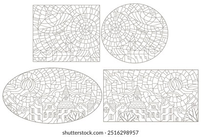 Um conjunto de ilustrações de contorno no estilo de vitrais com dirigíveis abstratos no fundo da cidade e do céu, contornos escuros em um fundo branco