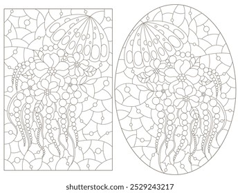 A set of contour illustrations in the style of a stained glass window with jellyfish, dark contours on a white background