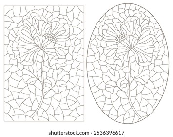 A set of contour illustrations in the style of stained glass poppy flowers, dark outlines on a white background