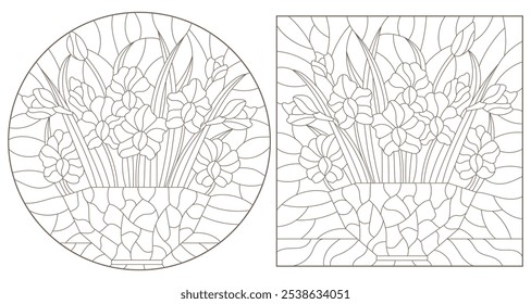 Un conjunto de ilustraciones de contorno en el estilo de vidrieras con ramos de orquídeas, contornos oscuros sobre un fondo blanco